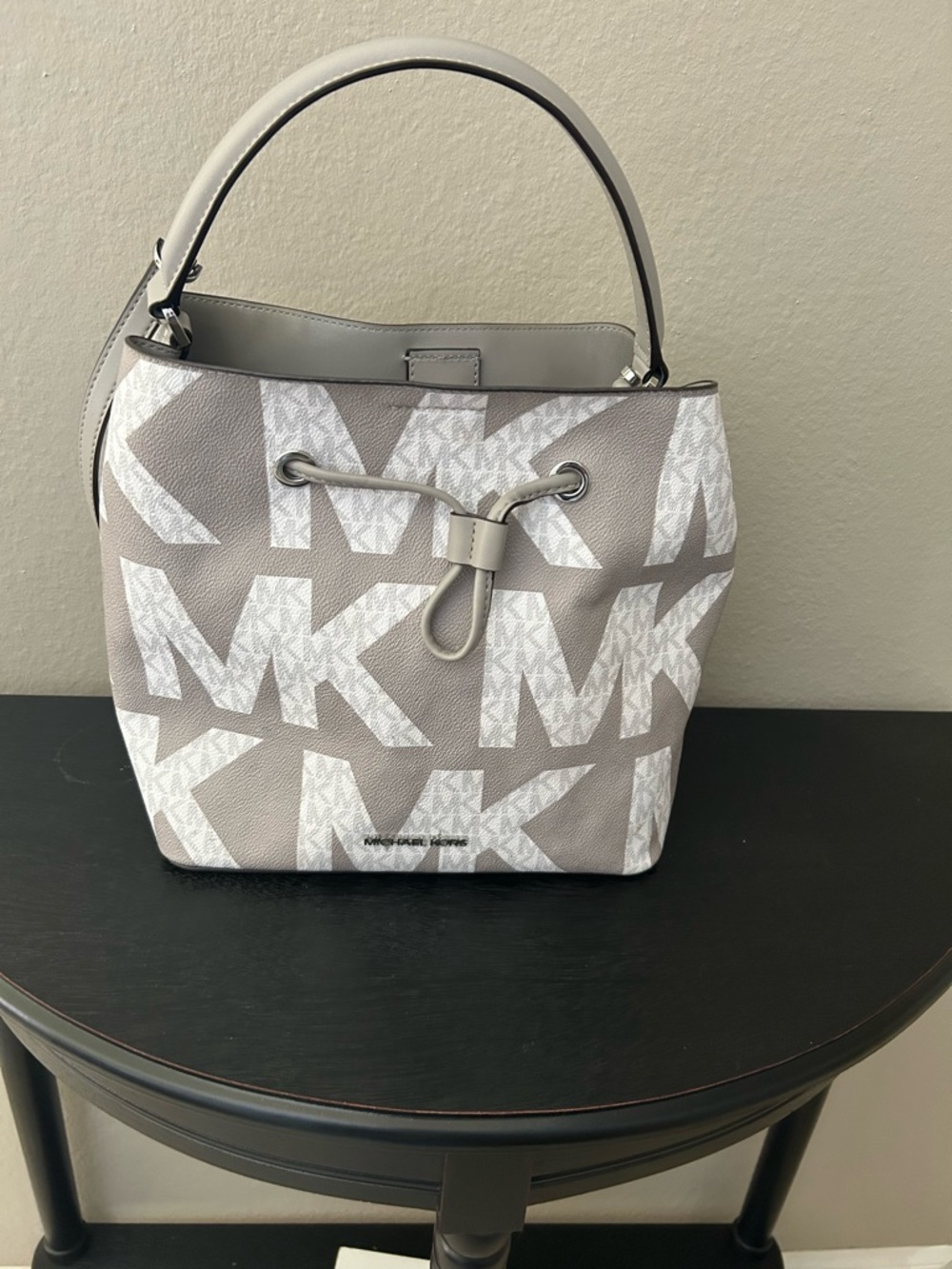 Michael Kors Light Gray MK Logo Drawstring Shoulder Tote - Picture 8 of 15